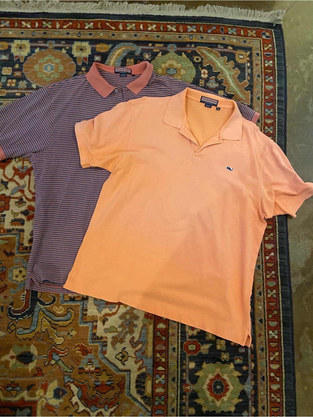 Vineyard Vines Men's Peach and Pink/Blue Striped Shirts